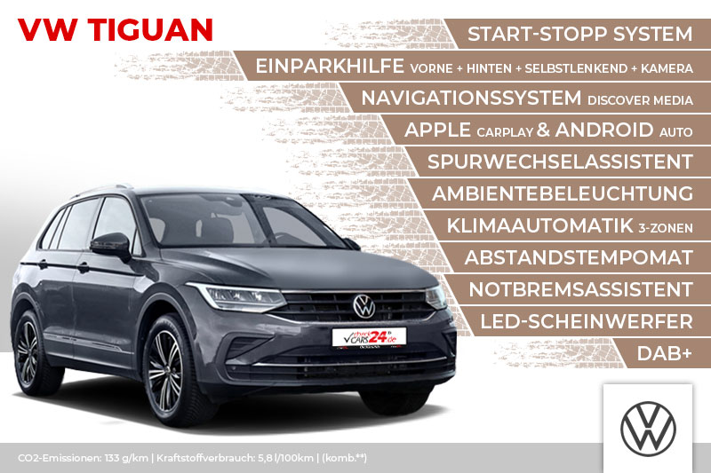 VW Tiguan, Navi, LED, App-Connect, ACC, PDC v+h, Kamera, DAB+ | Günstige Leasing & Finanzierungsangebote